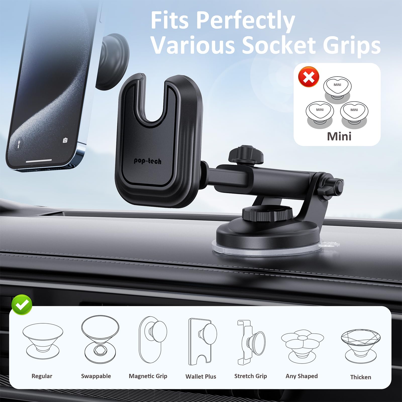 pop-tech Socket Phone Dashboard Mount: Suction Cup Cell Phone Holder fits Dash Windshield Window - Black Universal Car Automobile Cradle for iPhone 16 Samsung Smartphone (Socket Grip Not Included)