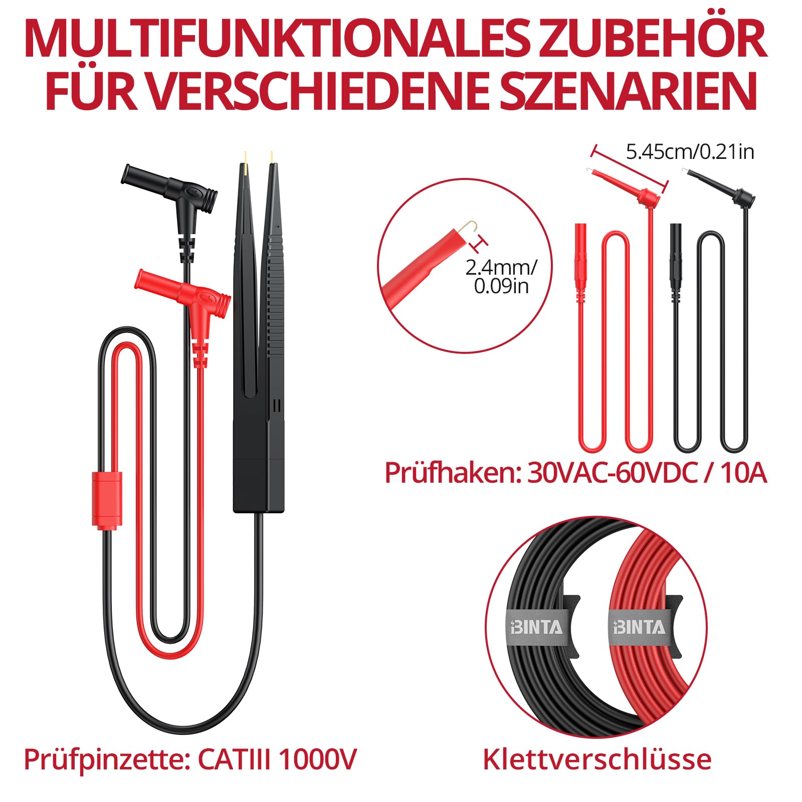 BINTA Testkabel-Set, 11 Stück, Zubehör, Testkabel für Elektrisches Multimeter, professionell, austauschbar, Set mit elektrischen Testleitungen für Spannungsprüfer 6