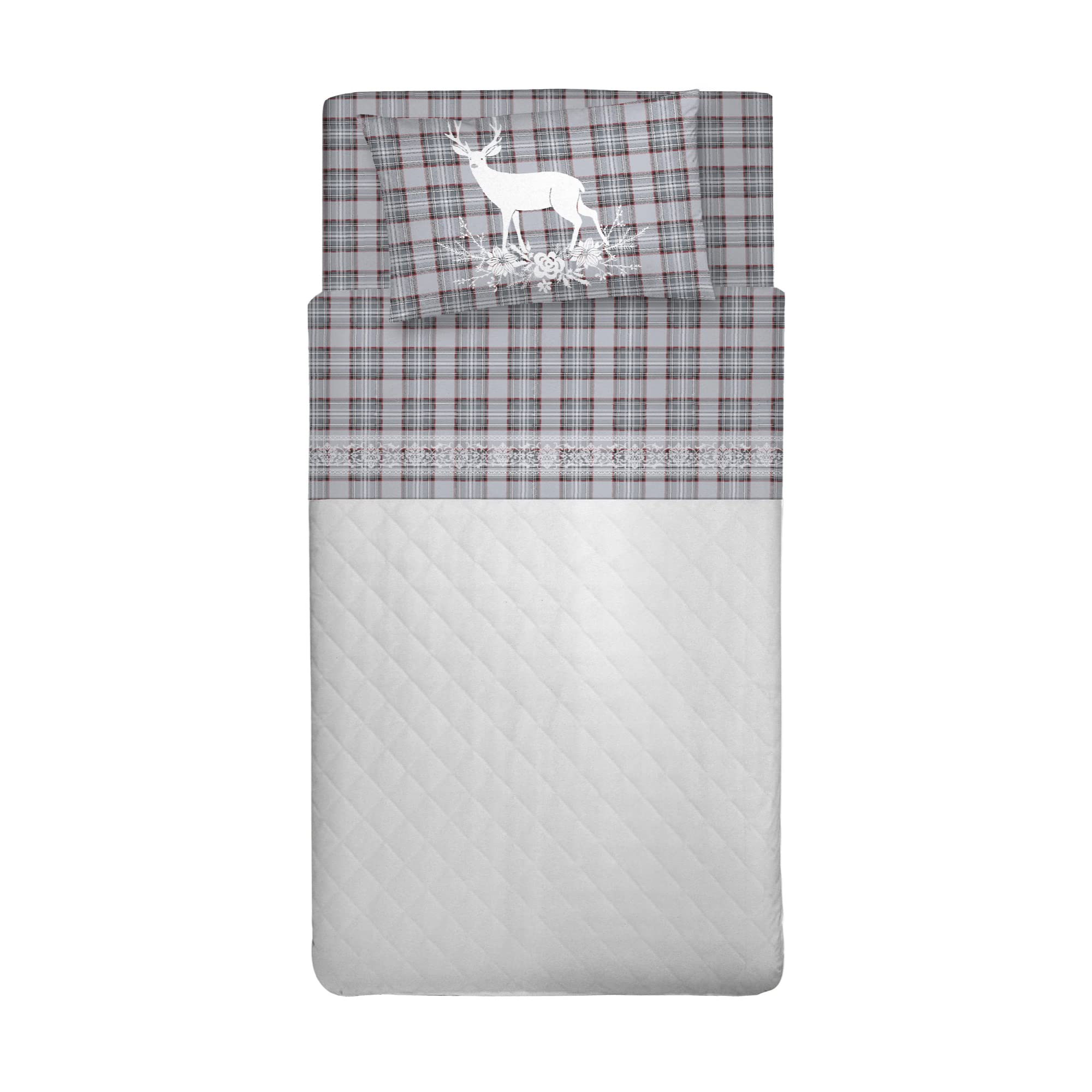PENSIERI DELICATI Single Bed Sheet Set, 100% Cotton, 90 x 200 cm Single Bed Sheet Set, Includes Bottom Sheet, Top Sheet and 1 Pillowcase, Made in Italy, Grey Deer Tartan Pattern — image 1