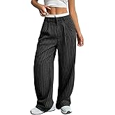 LKOUS Women's High Waisted Dress Pants Stretchy Wide Leg Striped Trousers Casual Work Office Pants with Pockets