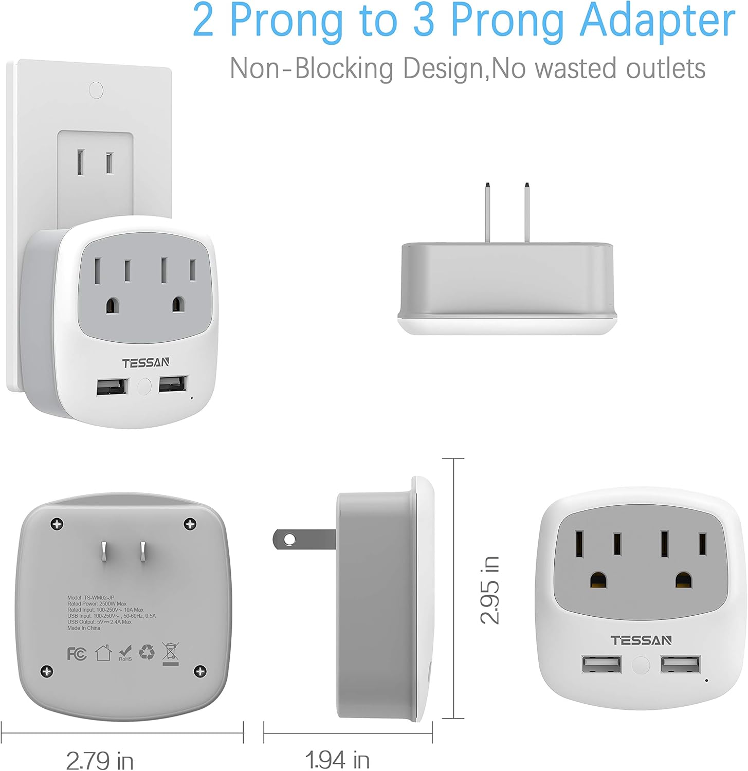 TESSAN 3 to 2 Prong USB Outlet Plug, Japan Power Adapter with 2 Wall Charger Extender Cruise Ship Accessories, Travel Multi Plug Adaptor for US to Japanese - Type A Plug Splitter: Home & Kitchen