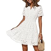 MEROKEETY Women's Spring Summer Lace Boho Dress 2026 Short Sleeve Eyelet Floral Ruffle A Line Vacation Beach Mini Dresses
