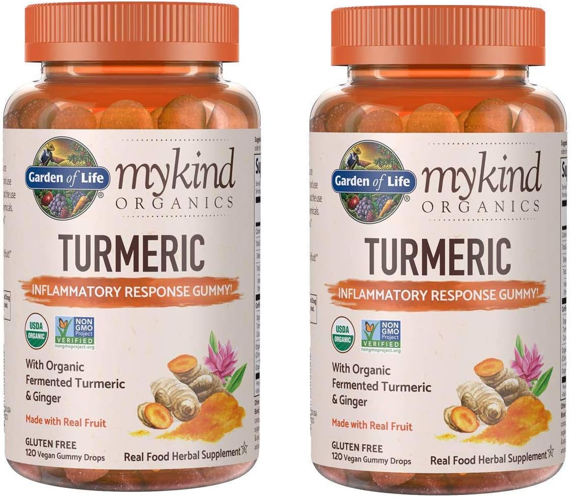 MyKind Organics Turmeric Inflammatory Response Gummy with Organic, Fermented Turmeric, Ginger and Real Fruit (120 Vegan Gummy Drops) Pack of 2