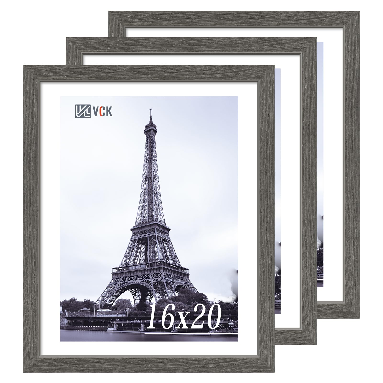 VCK 16x20 Frames 3 Pack, Gray Grey Poster Frame MDF Wood with Polished Plexiglass, Wall Mounting Horizontal & Vertical Display Image