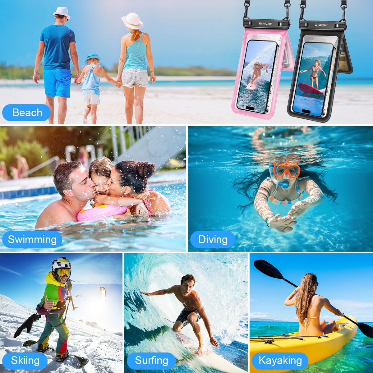 Rynapac 2 Pack Double Space Waterproof Phone Pouch with Lanyard | for iPhone 16 15 14 Pro Max | up to 8.5'' | Cellphone Dry Bag | for Beach Vacation Travel Cruise Essentials
