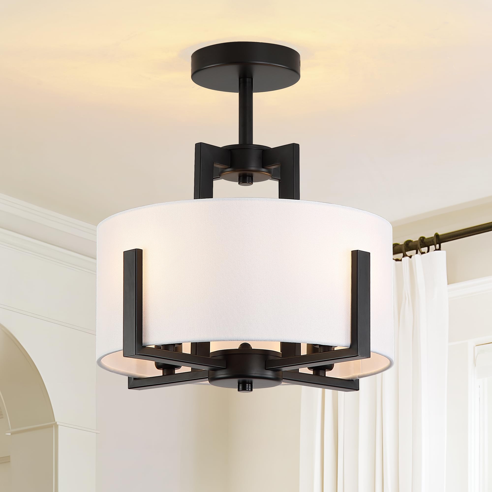 Photo 1 of Bosomfr 4-Light Semi Flush Mount Ceiling Light with White Fabric Modern Black Drum Ceiling Light Fixtures Round Chandelier for Bedroom Living Room Kitchen and Hallway