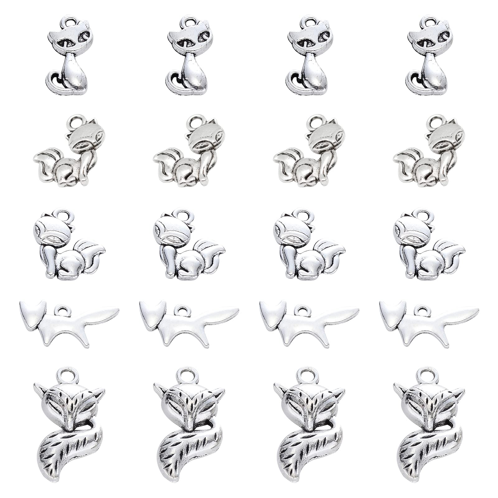 Beebeecraft 1 Box 100Pcs 5 Style Silver Fox Charms Tibetan Silver Metal Animal Jewelry Making Pendants Bulk for Bracelet Necklace Pendant