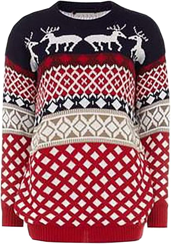 Ladies Unisex Rudolph Reindeer Printed Soft Stretchy Christmas Xmas Midi Jumper(Navy/Red