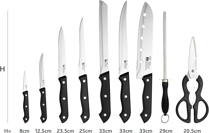 Renberg Tenessy - Brasil | Facas de Cozinha | Conjunto Completo de 15 Peças com Tacoma de Madeira | Perfeito para cortar todos os tipos de ingredientes | Cozinha Profissional | Feito de aço inoxidável