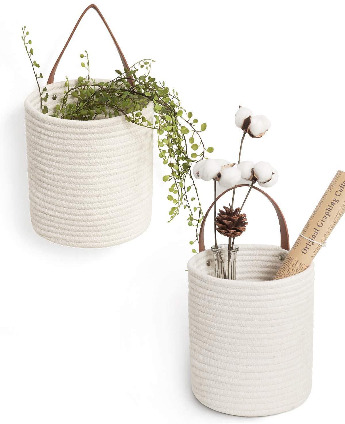 BSLVWG Cotton Rope Storage Baskets Set of 2,Hand Woven Basket Indoor Outdoor Storage Flower Cover Containers for Modern Home Decor Storage,Hanging Baskets Organizer,Garden Plant Baskets (White)