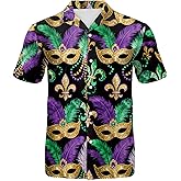 Eciodci Men's Mardi Gras Shirt Purple Green Gold Mask Fleur De Lis 3D Printed Casual Short Sleeve Hawaiian Button Down Shirts