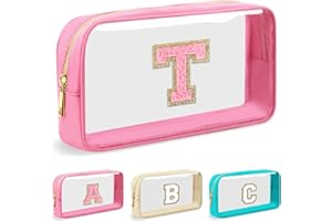 UIXIZQ Personalized Initial Letter Clear Makeup Bag,Preppy Small Nylon&PVC Cosmetic Zipper Bag with Chenille Letter,Travel Skincare Toiletry Bag,Monogram Pencil Case Pouch Gift for Teen Girls Women,T