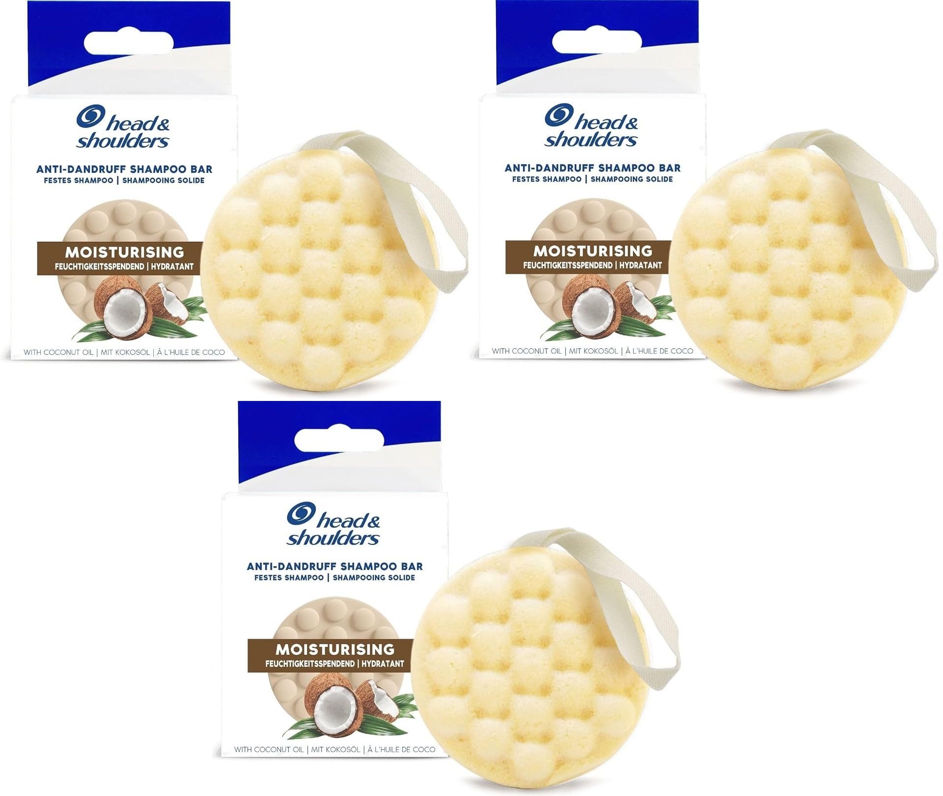 3 x Head & Shoulders Anti-Dandruff Solid Shampoo Bar, Moisturising, With Coconut Oil, 70g