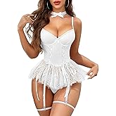 Mixxmix Women Sexy Lingerie Set Naughty Lace Up Corset Bodysuit Underwire Lingerie Babydoll With Garter Belt and Bow Tie