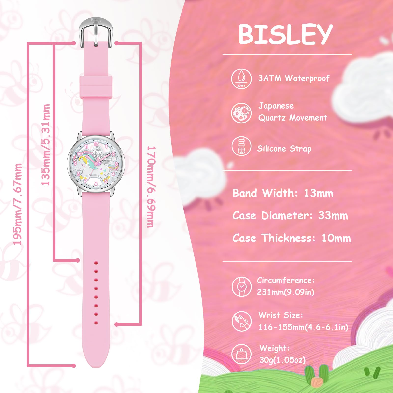 Bisley Children Watch for Boys and Girls Cute Unicom Dial Silicone Strap Easy to Read