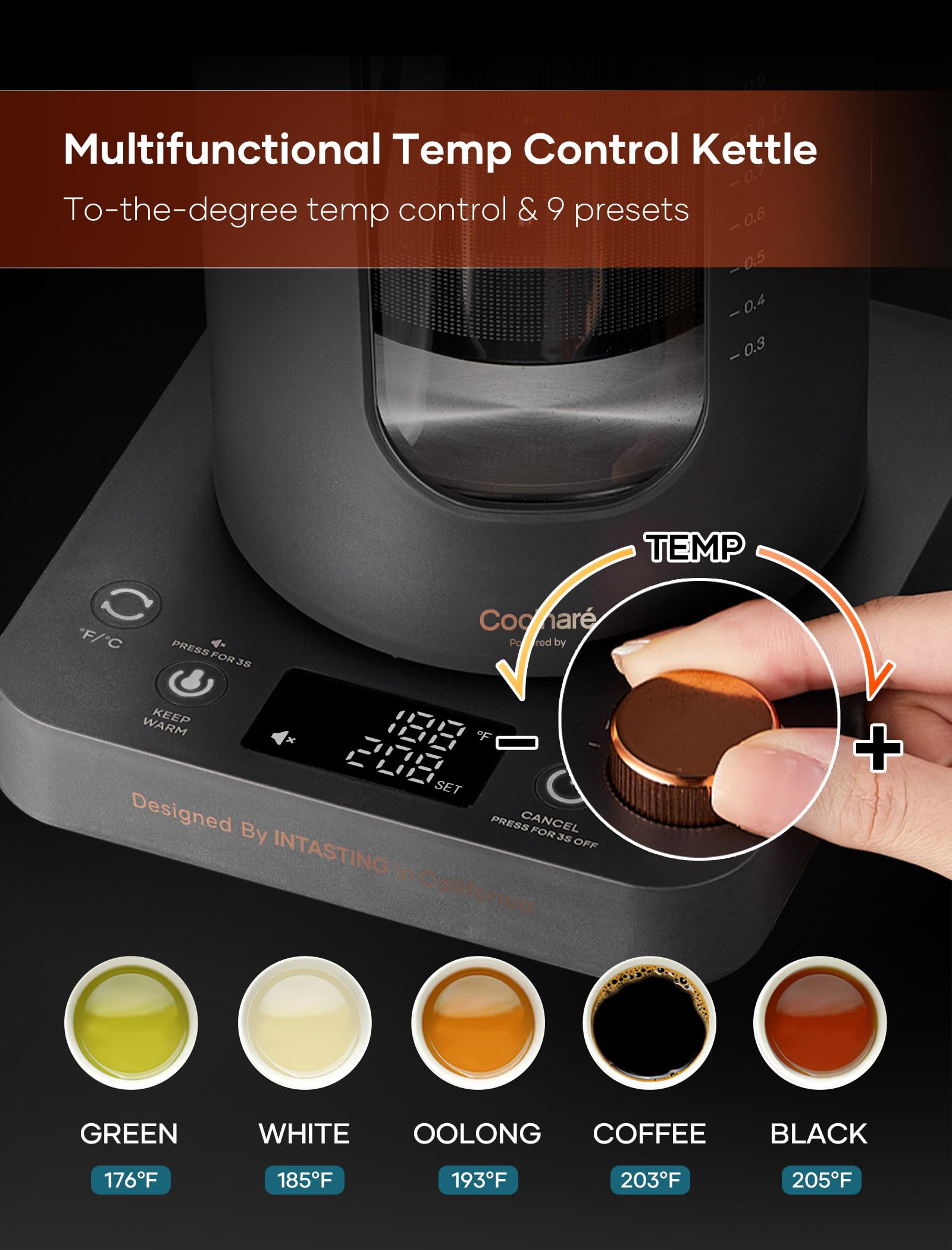 Tetera Eléctrica, INTASTING Hervidor Eléctrico de Vidrio con Infusor de Té y Control Preciso de Temperatura con Perilla, Calentamiento Rápido de 1200W, Sin BPA, Fácil de Limpiar, para Té y Café, 1 Litro (Gris Oscuro)