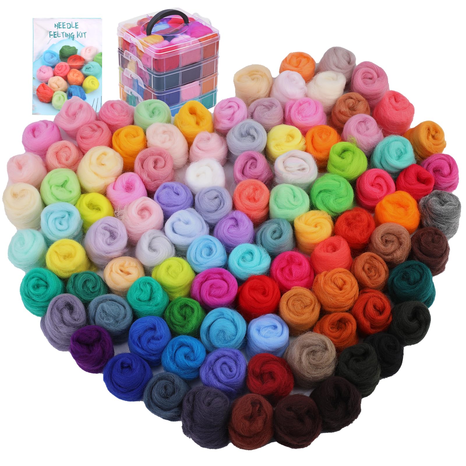 Axmru Needle Felting Kit 96 Colors Wool Roving Yarn Needle Felting Wool Needle Felting Starter Kit with 4-Layer Transparent Storage Box for DIY Hand Spinning and DIY Creations