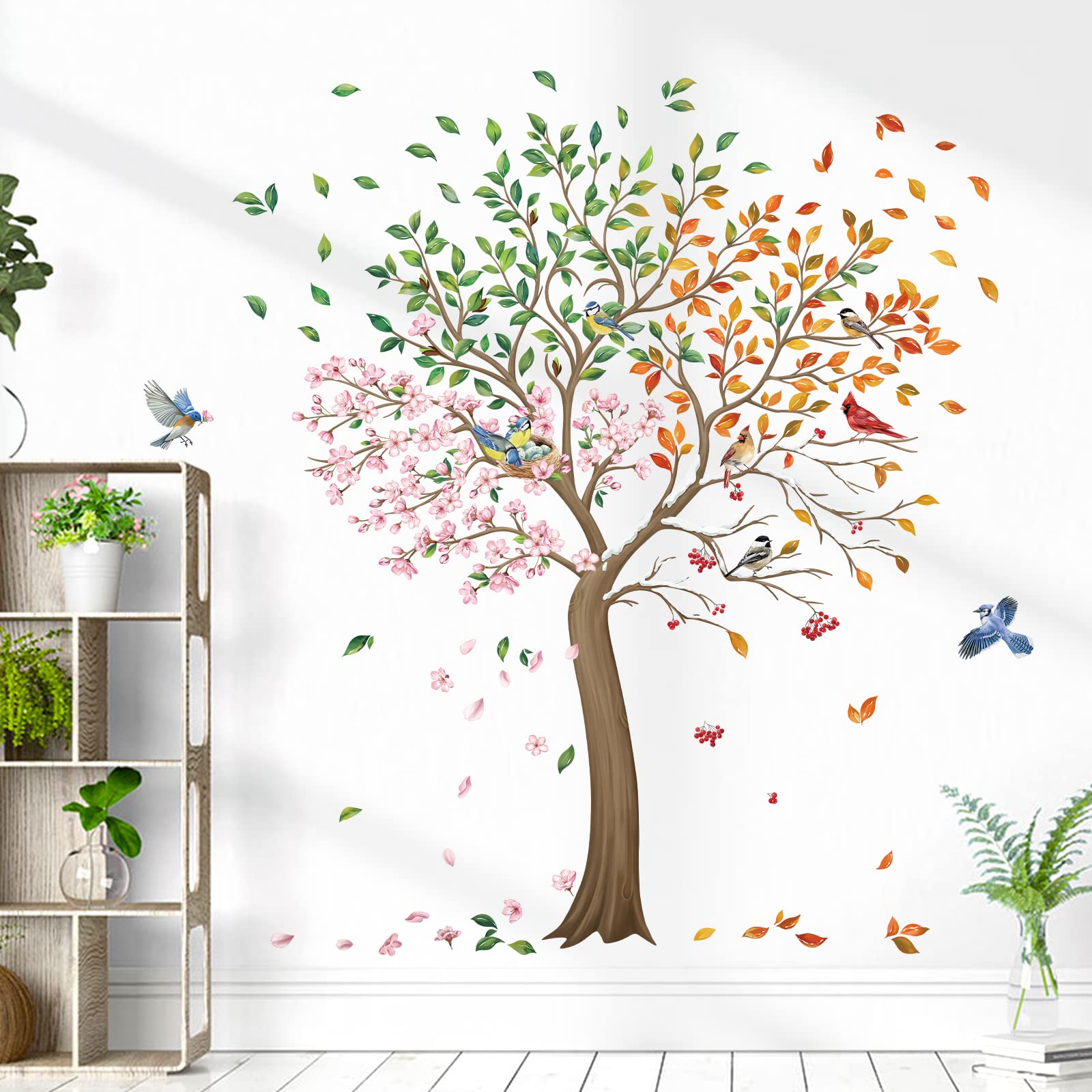 wondever Colorful Large Tree Wall Stickers Tree with Flower Birds Peel and Stick Wall Art Decals for Living Room Bedroom TV Wall (H: 160cm)