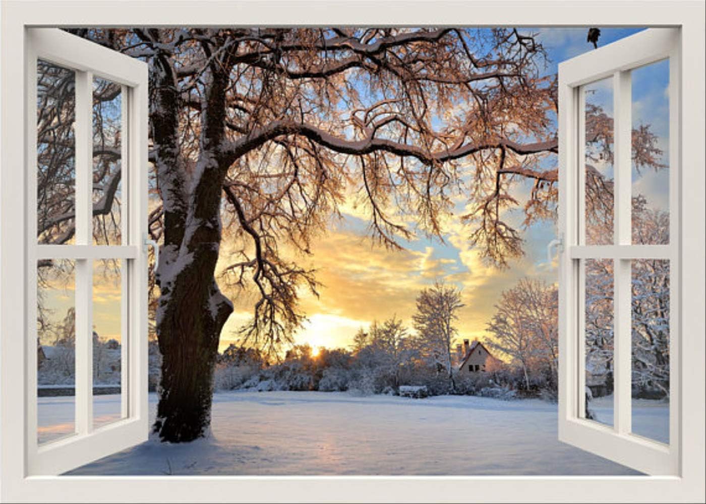 3D Effect Window View Wall Stickers Nature Winter Vinyl Decal Decor Mural Landscape Art Home Decor 40x60cm A
