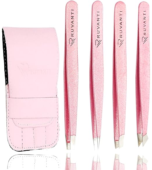 Ruvanti-4 Piece Professional Stainless Steel Tweezers Set - Eyebrow Tweezers, Slant tip, Pointed & Straight Best Precision Tweezers for Facial & Ingrown Hairs,Splinter & Hair Removal Tweezers (Pink) best tweezers