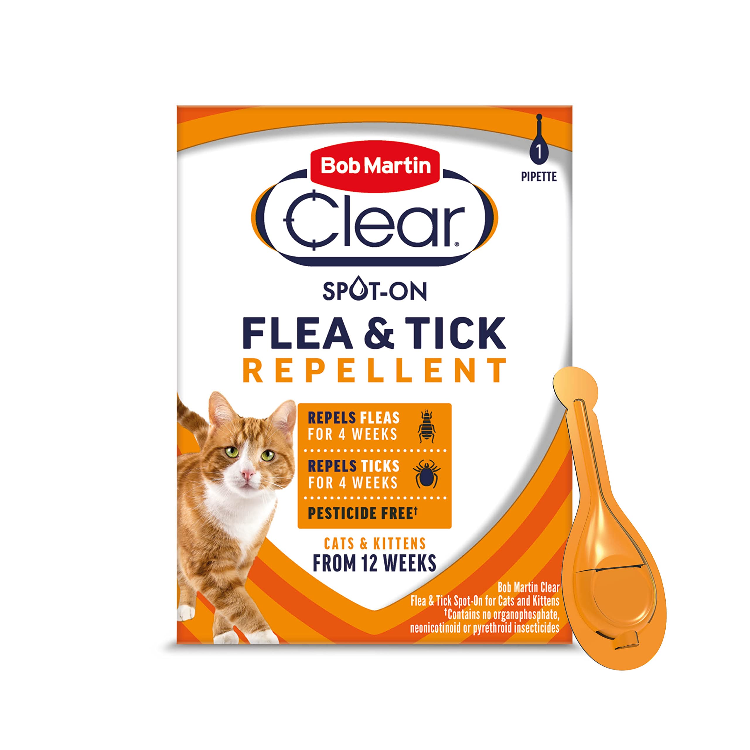 Bob Martin Clear Spot On Flea and Tick Repellent for Cats and Kittens - Pesticide-Free Protection (1 Pipette)