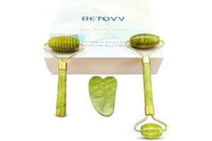 BETOVV Jade Roller and Gua Sha for Face-3 in 1 Kit with Facial Massager Tool 100% Real Natural Stone Beauty Jade Facial Roller Massage Tool for Face Eyes Neck Body – Anti Aging Beauty Treatment
