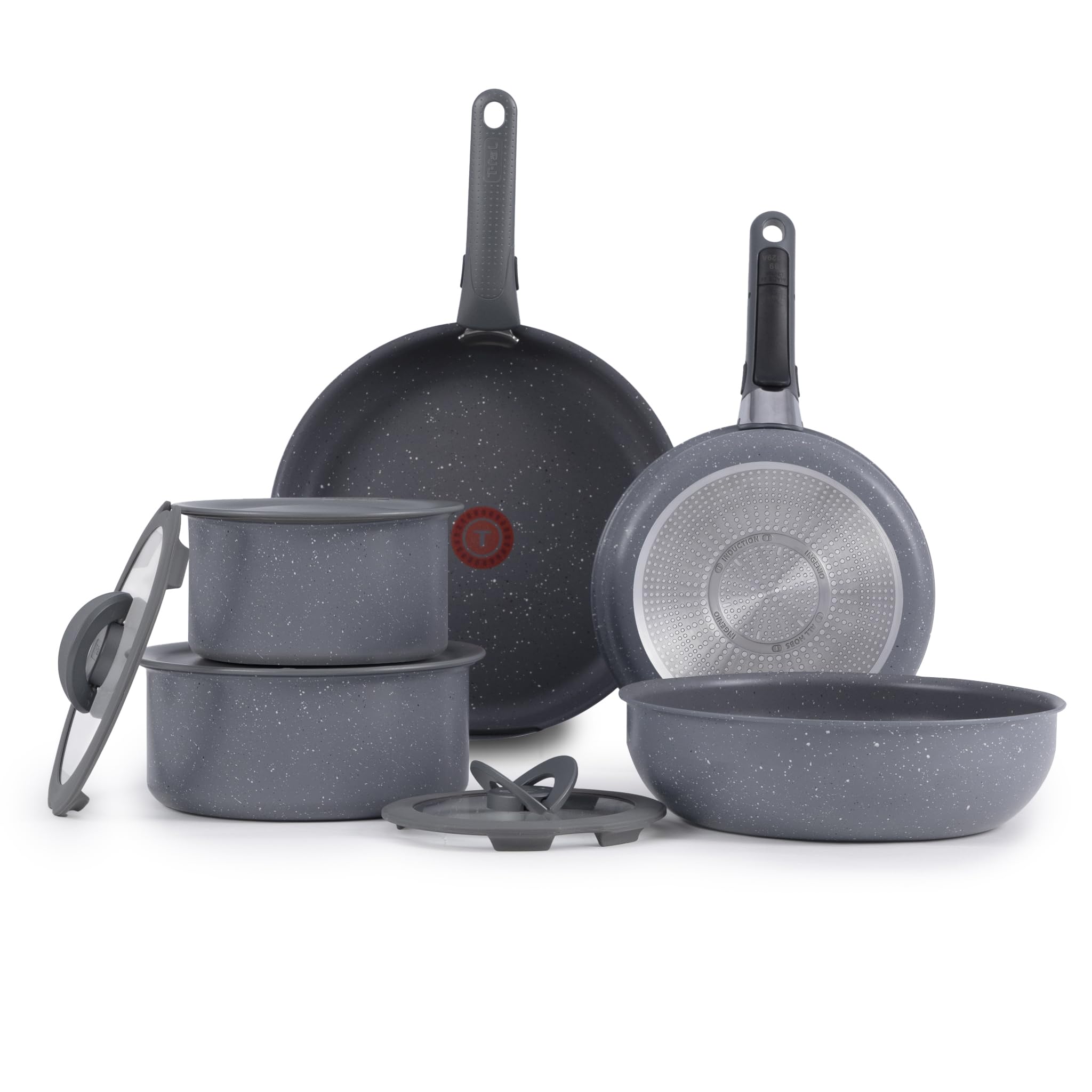Photo 1 of T-fal Ingenio Essentials Cookware Set with Detachable/Removable Handle 11 Piece, Granite Titanium Non Stick, Induction, Oven Broiler Safe 500F, Stackable, Pots and Pans Set, RV Camping, Fry Pans Gray