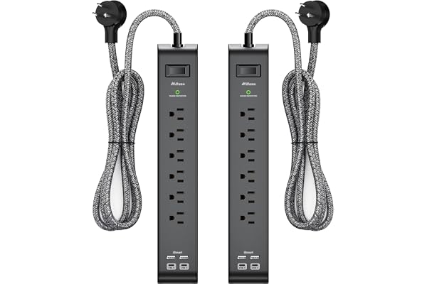 2 Pack Power Bar - Extension Cord with 6 Outlets 4 USB Ports, Surge Protector Heavy-Duty Braided Extension Cords 15A Circuit