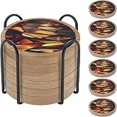 6 Pack Absorbent Coasters Set with Holder Wood Coasters for Drinks Housewarming Gifts for Home Decoration Cup Coasters for Coffee Tabletop Protection 4.3 Inch