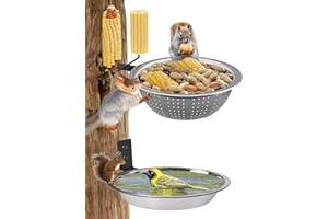 Karshall 2 Pack Squirrel Feeder+Bird Feeder, Removable Bird Water Bath Bowl with Drainage Holes, Multi-Function Wildlife Feeders, Corn Cob Squirrel Feeders with Water for Outside