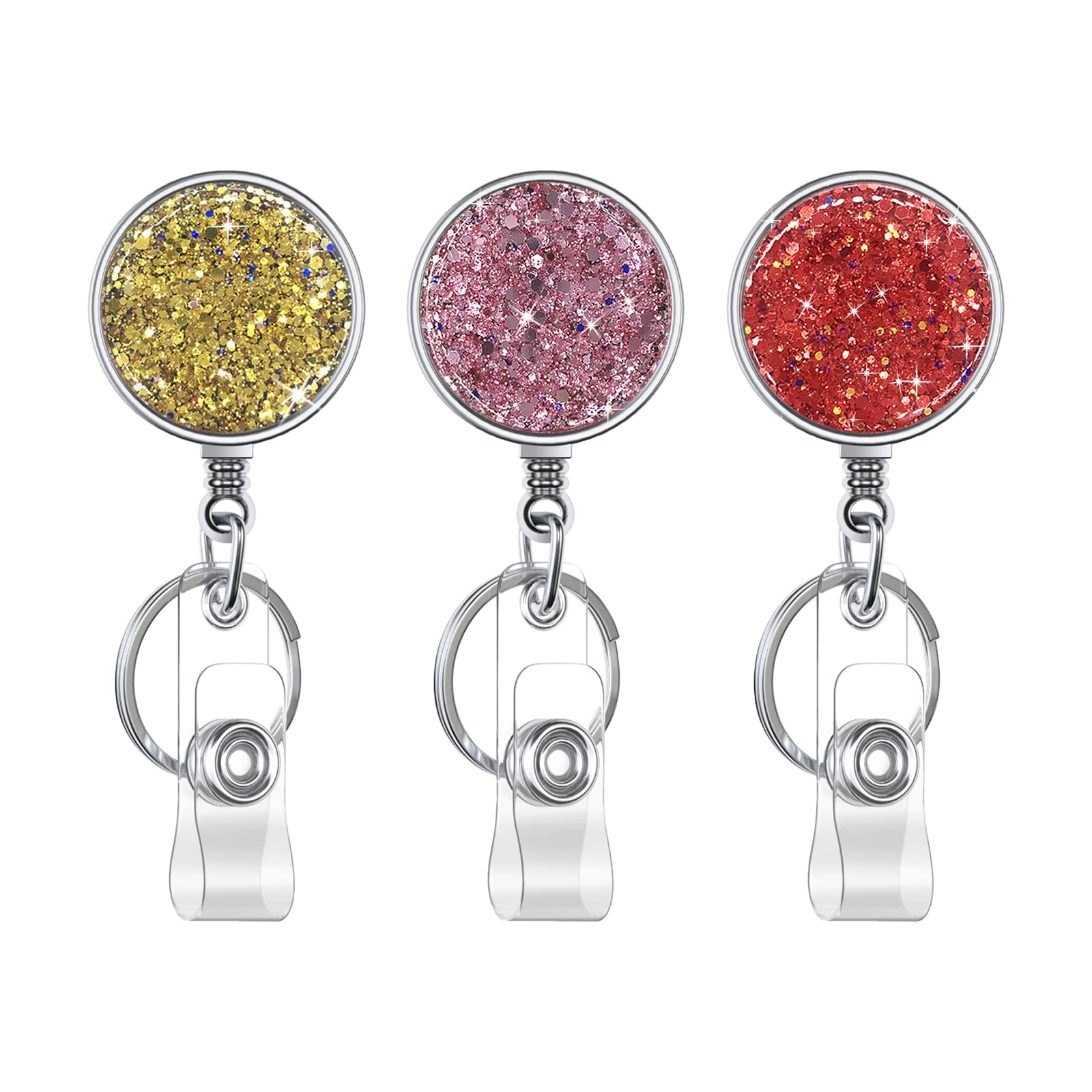 Retractable Badge Holder, Lightweight Plastic Badge Reel Retractable Card Holder with Key Ring Backing Belt Clip for Nurse,Volunteer,Teacher,Student,Office (3 Pack Golden Pink Red-UK)
