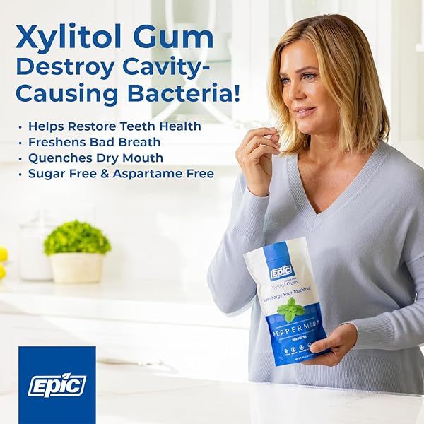 EPIC 100% XYLITOL PEPPERMINT CHEWING GUM – SUGAR FREE, ASPARTAME FREE DENTAL GUM – SUPPORTS ORAL HEALTH & FRESH BREATH
