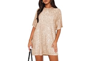 MIYIEONZ Women's Crew Neck Sequin Dress for Women Sexy V Neck Shirt Dress Sparkly Half Sleeve Loose Party Club Cocktail Dress
