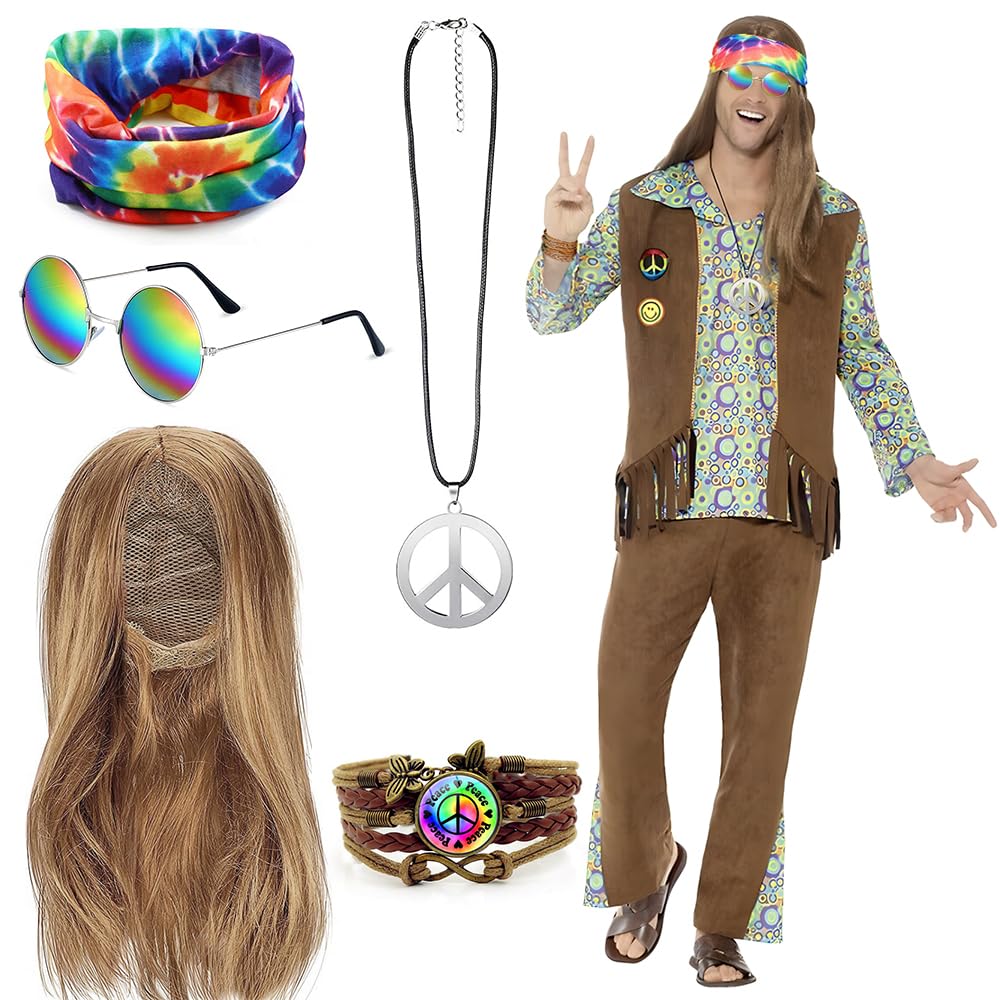 BIQIQI Hippie Costume Set, Wig Peace Sign Necklace Hippie Sunglasses and Tie Dye Headband Pride Accessories for 60s 70s Outfits