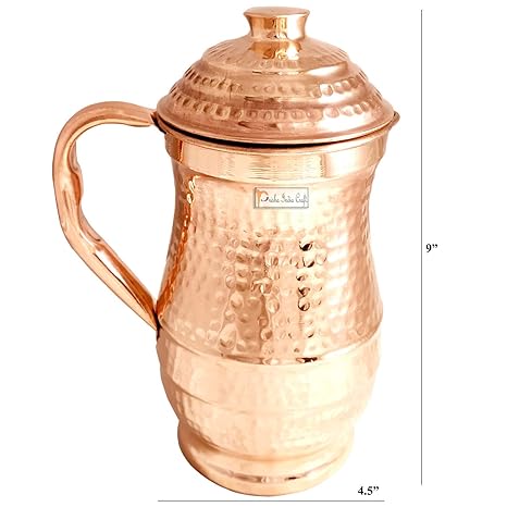 Prisha India Craft Pure Copper Maharaja Water Jug Pitcher Hammered Design, Drinkware Set, 1800 ML