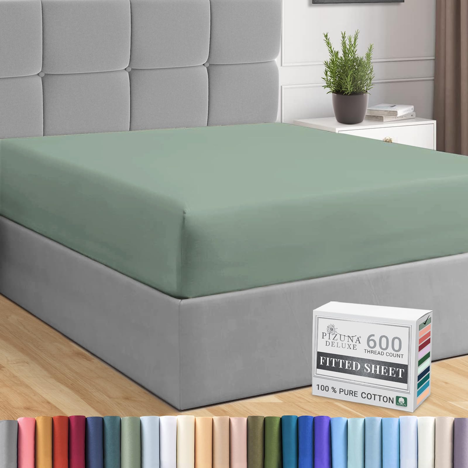 Pizuna Pure Combed Cotton Fitted Sheets Seafoam Sage, 600 Thread Count 100% Long Staple Cotton Fitted Sheet 150x200 cm, Sateen Weave King Size Fitted Sheets Deep Fit 40 cm 1 PC Seafoam Sage — image 1