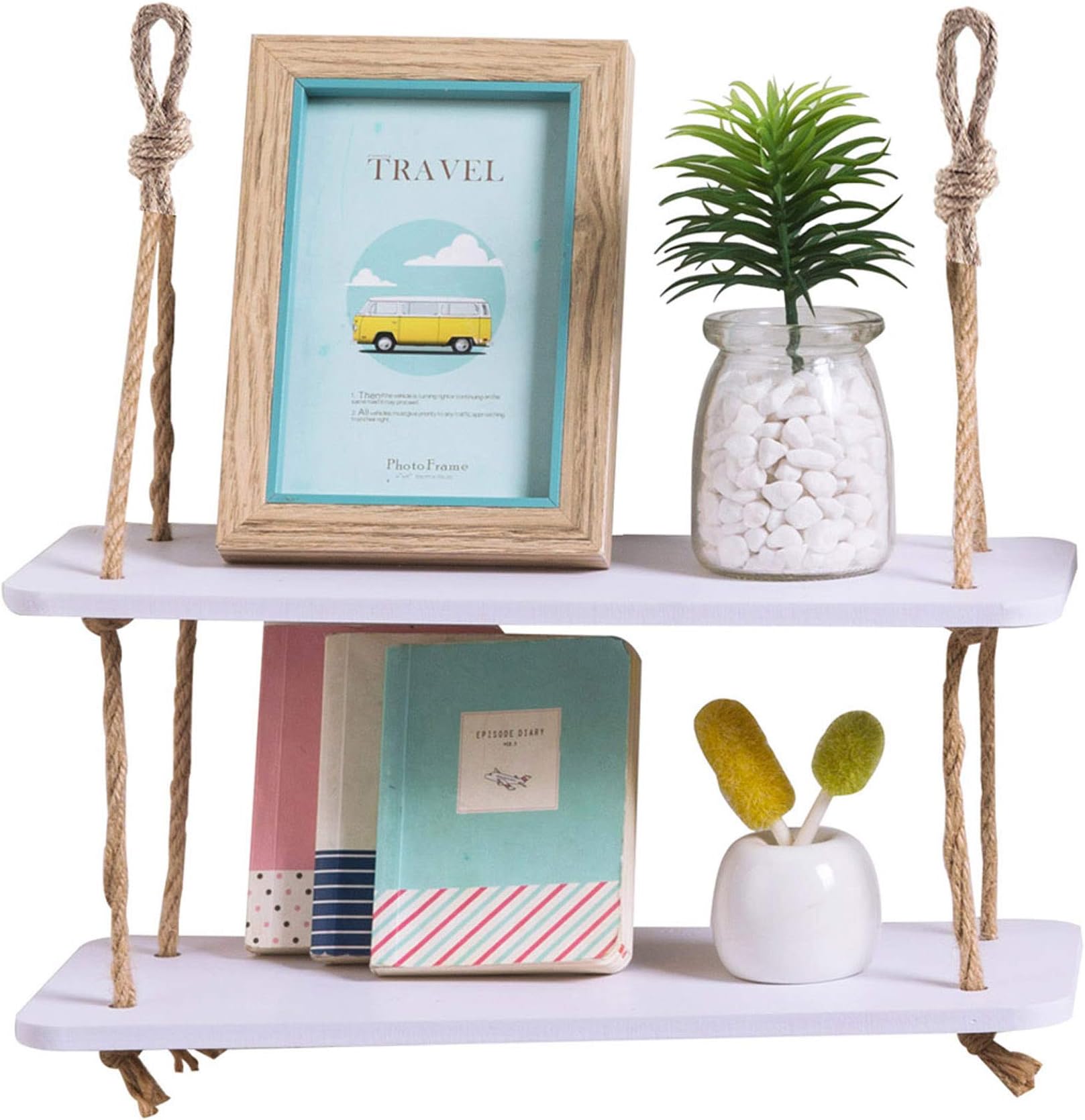 Floating Shelves with String, Hanging Shelf Wall Mounted Jute Rope, Rustic Wood Wall Shelves Swing Shelf Picture Ledge Home Storage Organizer Wall Decor for Bedroom Living Room Bathroom, White