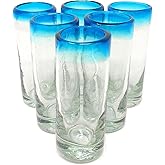 Dos Sueños Hand Blown Mexican Tequila Shot Glasses – Set of 6 Aqua Rim Tequila Shot Glasses (2 oz each) …