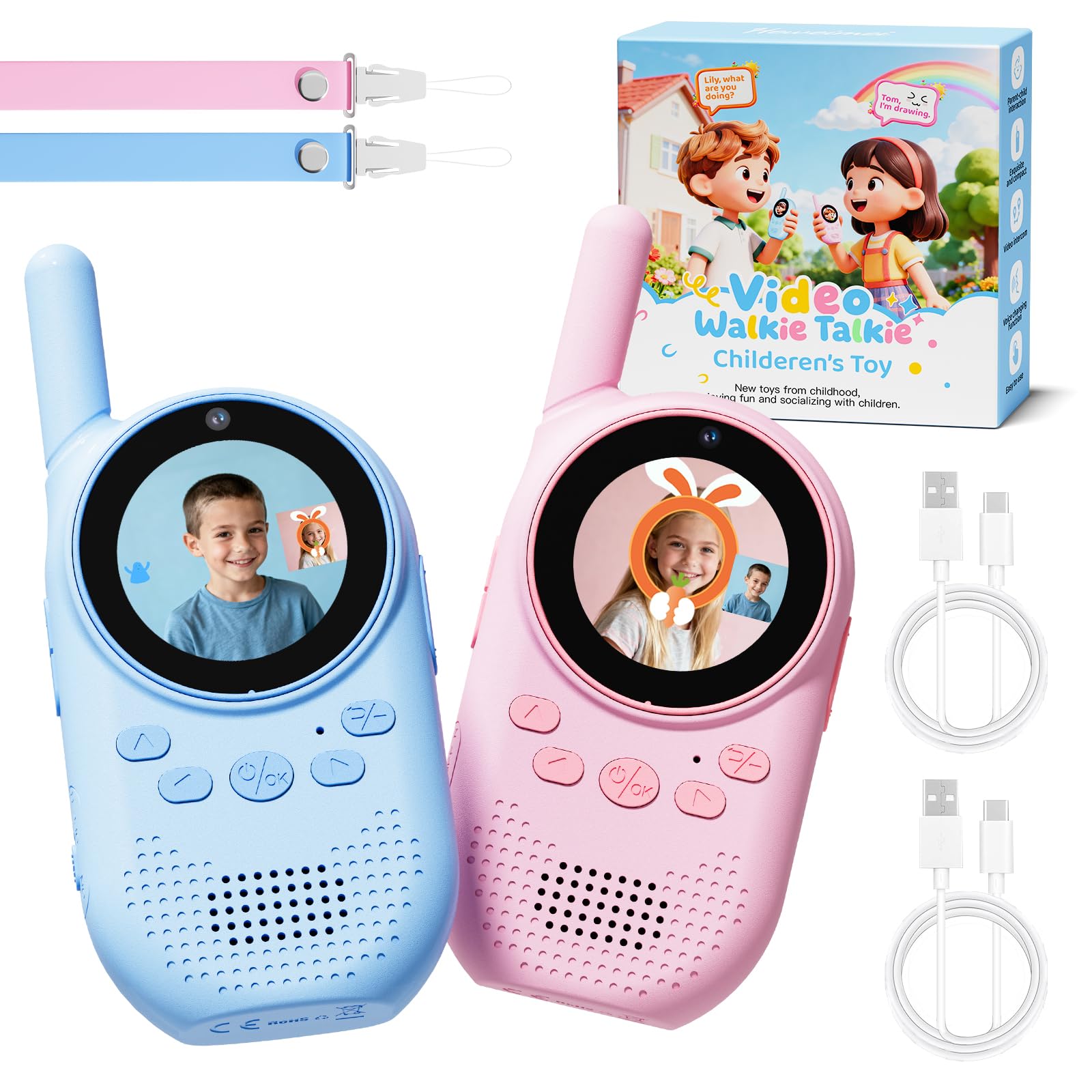 HEWEIMEI Video Walkie Talkies for Kids, Rechargeable Kids Walkie Talkies with Screen Display & Voice Changer, Outdoor Toys for 3-12 Years Boys Girls Birthday Christmas (Blue&Pink)