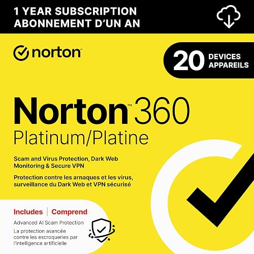 Norton 360 Platinum 2026, Antivirus software for 20 Devices – Includes Advanced AI Scam Protection, VPN, Dark Web Monitoring & PC Cloud Backup [Download]