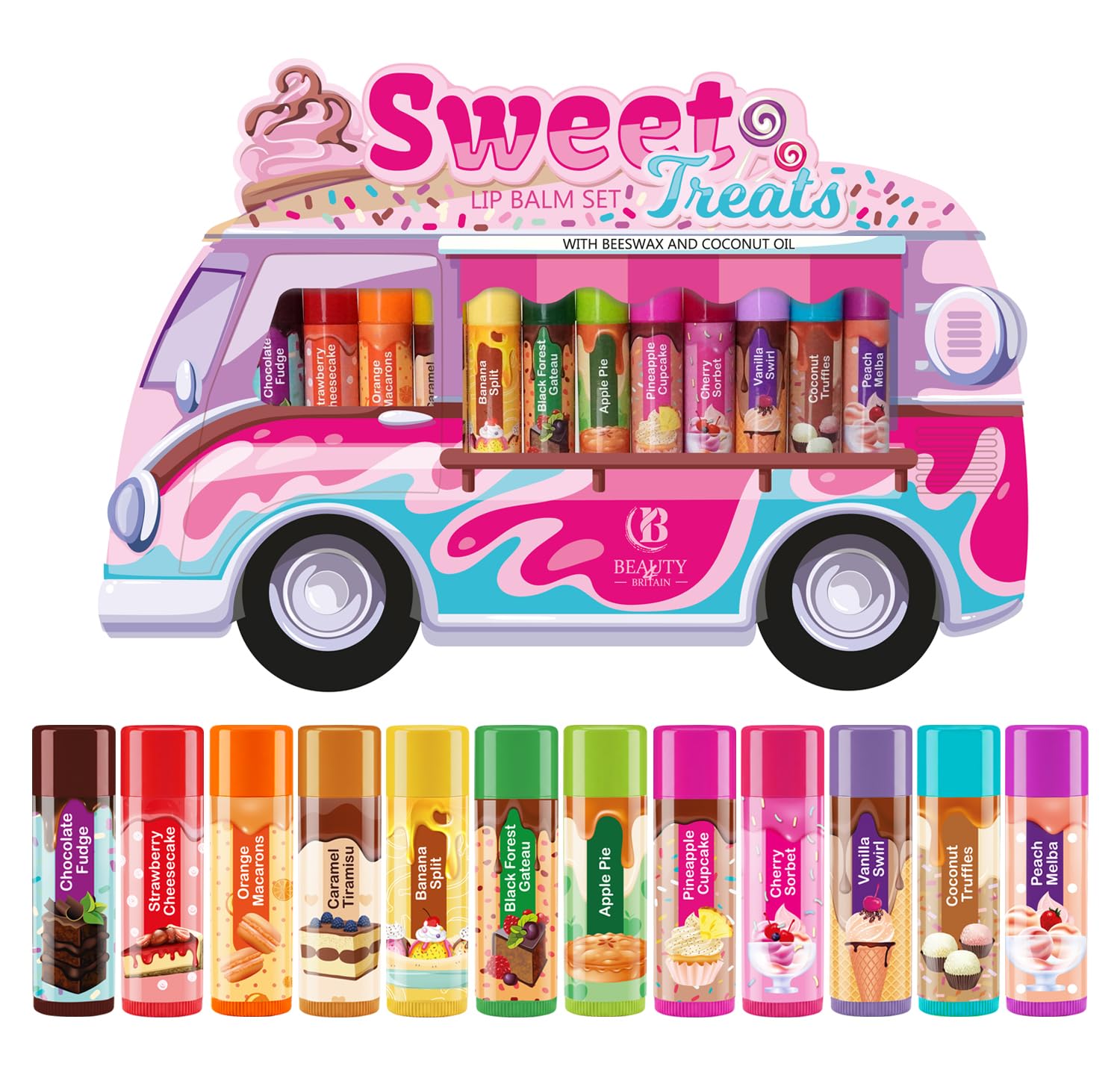 Beauty4Britain Kids Lip Balm Set Sweet Treats - 12 Different Dessert Flavours, Beeswax & Coconut Oil, Colourless, for Girls and Boys