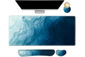 AIMSA Large Gaming Mouse Pad Set, Keyboard Wrist Rest Support + Extended Mouse Pad + Mouse Wrist Cushion + Coaster, Ergonomic Memory Foam Multifunctional Desk Mat 35x15.7inch (Dark Blue Waves)