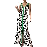 GORGLITTER Women's Leopard Cheetah Maxi Dress Animal Print High Slit V Neck Long Dresses