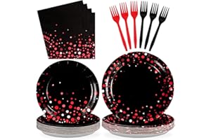 Grencian 96Pcs Black and Red Party Decorations Red Dot on Black Plates and Napkins Disposable Paper Birthday Dinner Tableware Set for Birthday Baby Shower Wedding Halloween Party Supplies, Serves 24