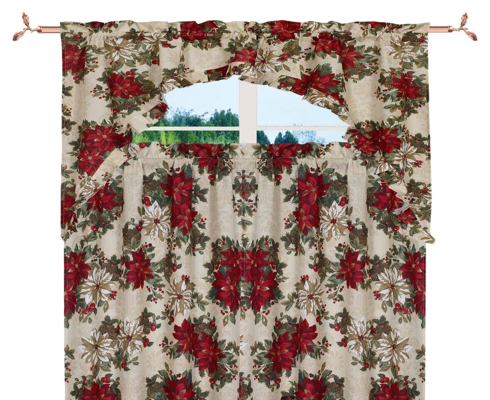 Violet Linen Decorative Christmas Printed Garden Design 3 Piece Kitchen Curtain Set