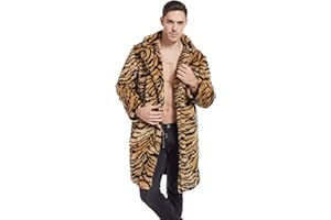 UMREN Mens Warm Leopard Faux Fur Coats Jacket Long Luxury Overwear Parka Cardigans