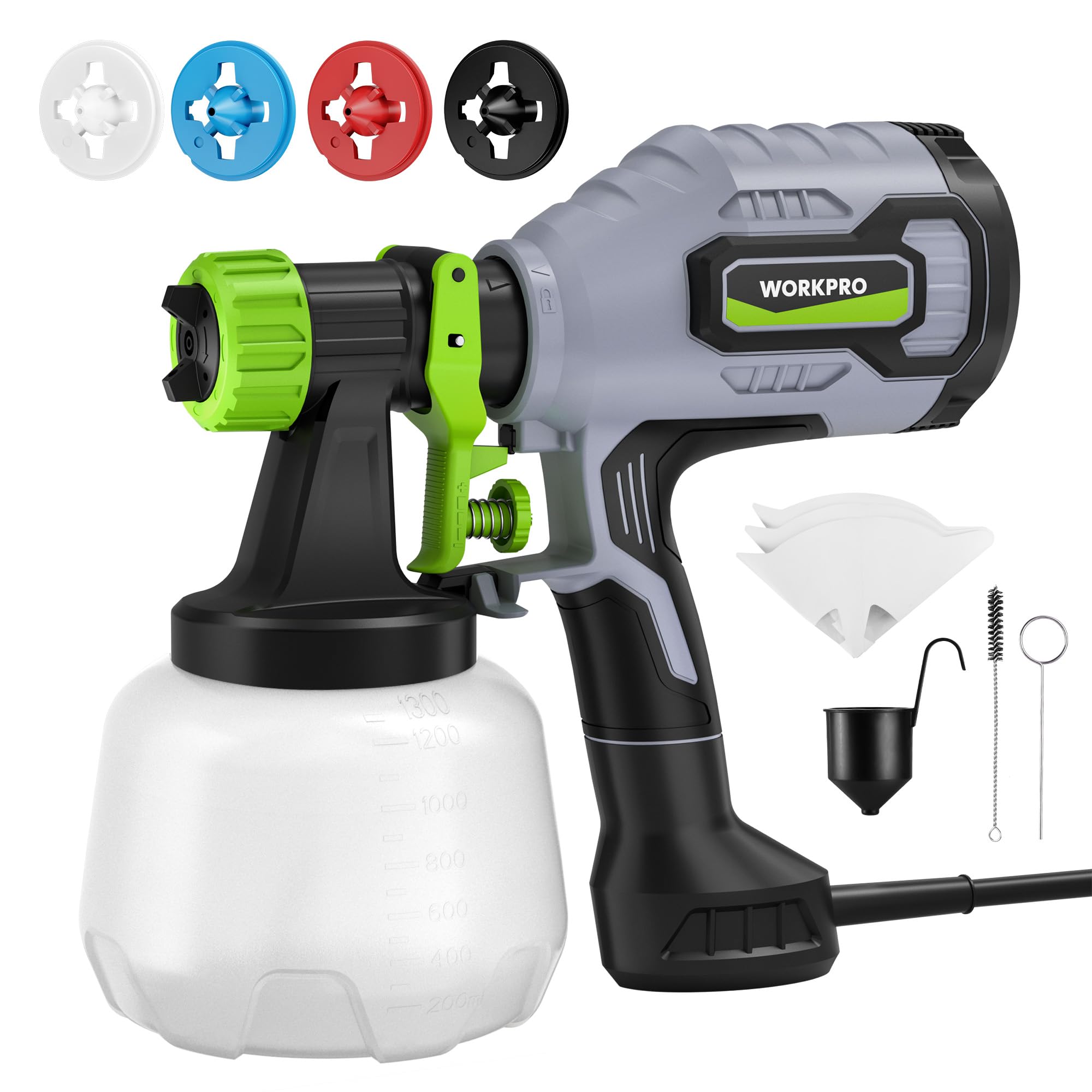 Photo 1 of WORKPRO Paint Sprayer, 600W HVLP Spray Paint Gun with 4 Nozzles, 3 Spray Patterns & Adjustable Flow, 44 fl.oz (1300ml) Container, Paint Gun for Furniture, Cabinets, Fence, Walls, Doors, DIY Projects