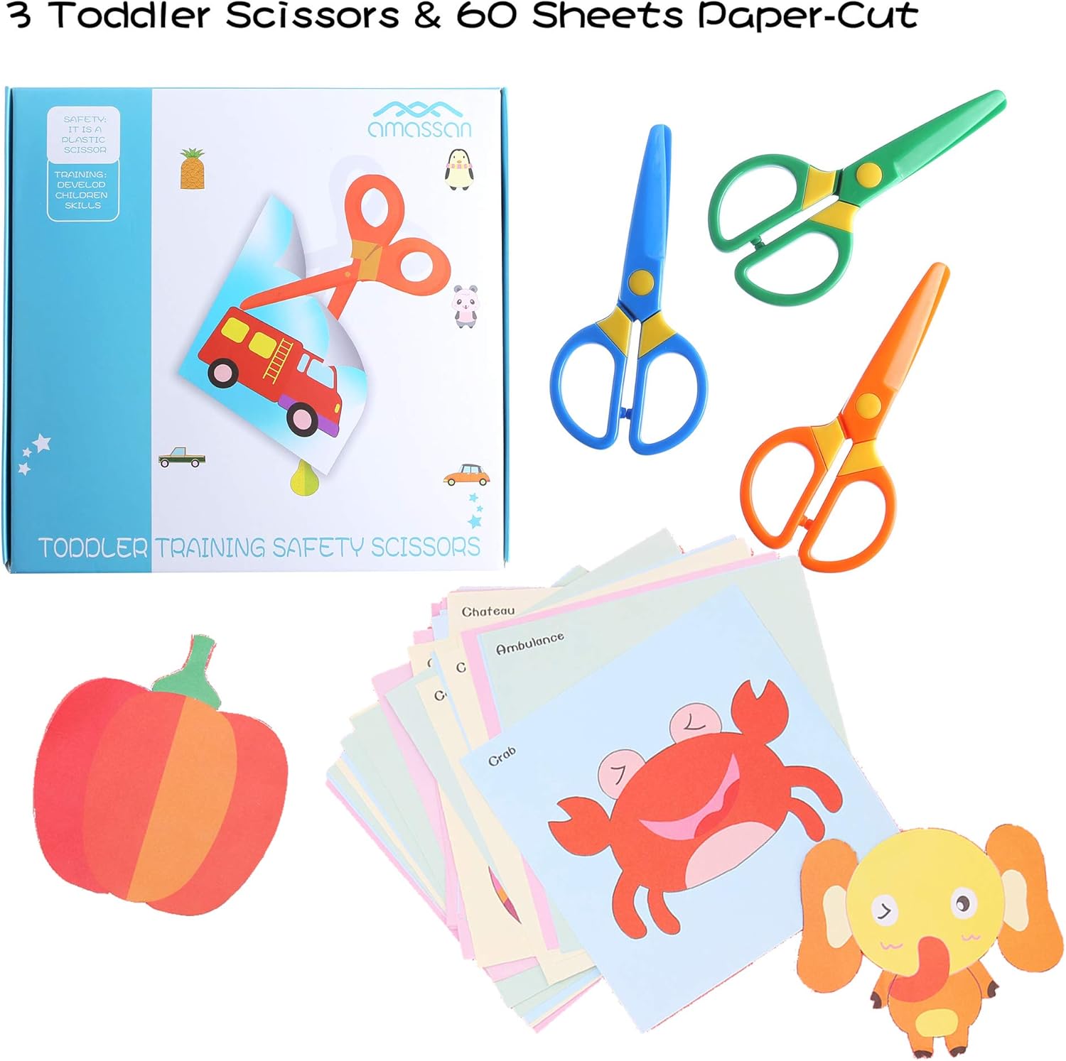 Plastic Safety Scissors, Toddlers Training Scissors, Pre-school Training Scissors and Offices Scissors (3pcs) Kids Paper-Cut (60 Sheets): Home Improvement