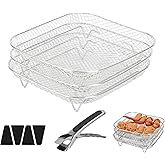 8 Inch Square Air Fryer Rack for 6-8QT Airfryer, Air Fryer Accessories | 3pcs Stackable Stainless Steel Air Fryer Basket with Silicone Feet, Compatible with Cosori, Instant Vortex, Ninja Airfryer