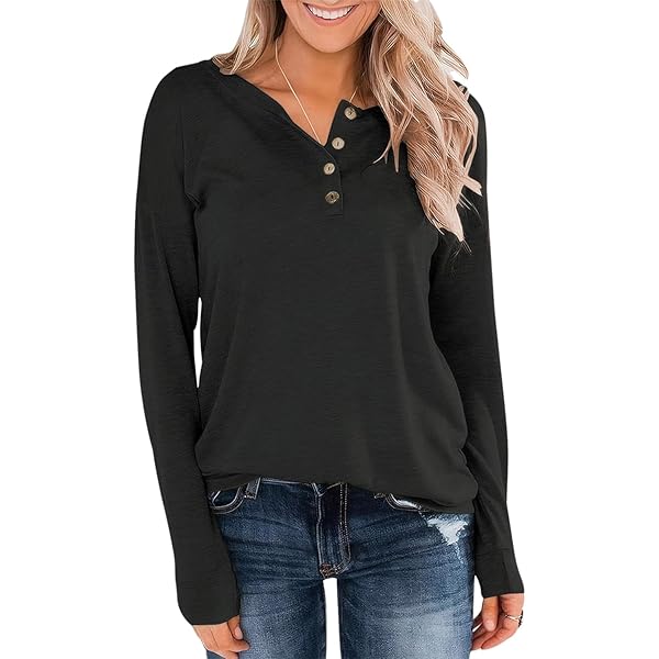 Topstype Womens Henley Tops Long Sleeve Shirts Casual Loose Fit